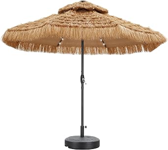 9FT/13FT Tiki Patio Umbrella with Base & LED Lights, Featuring a Hula-style Thatched Straw Grass Canopy, Perfect for Pool, Patio, Beach Settings.