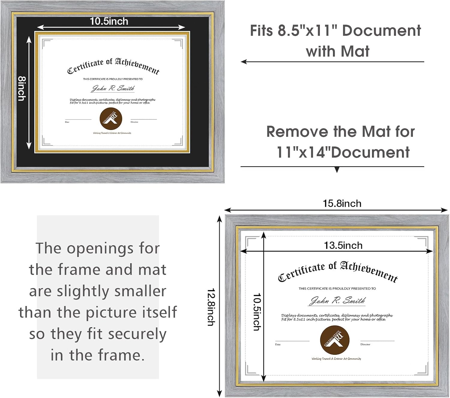 11x14 Diploma Frame Grey with Gold Trim - Display 8.5x11 Diploma with Black Over Gold Double Mat Or 11x14 Certificate without Mat - Soild Wood with Tempered Glass - Horizontal Or Vertical Display - 1 Pack