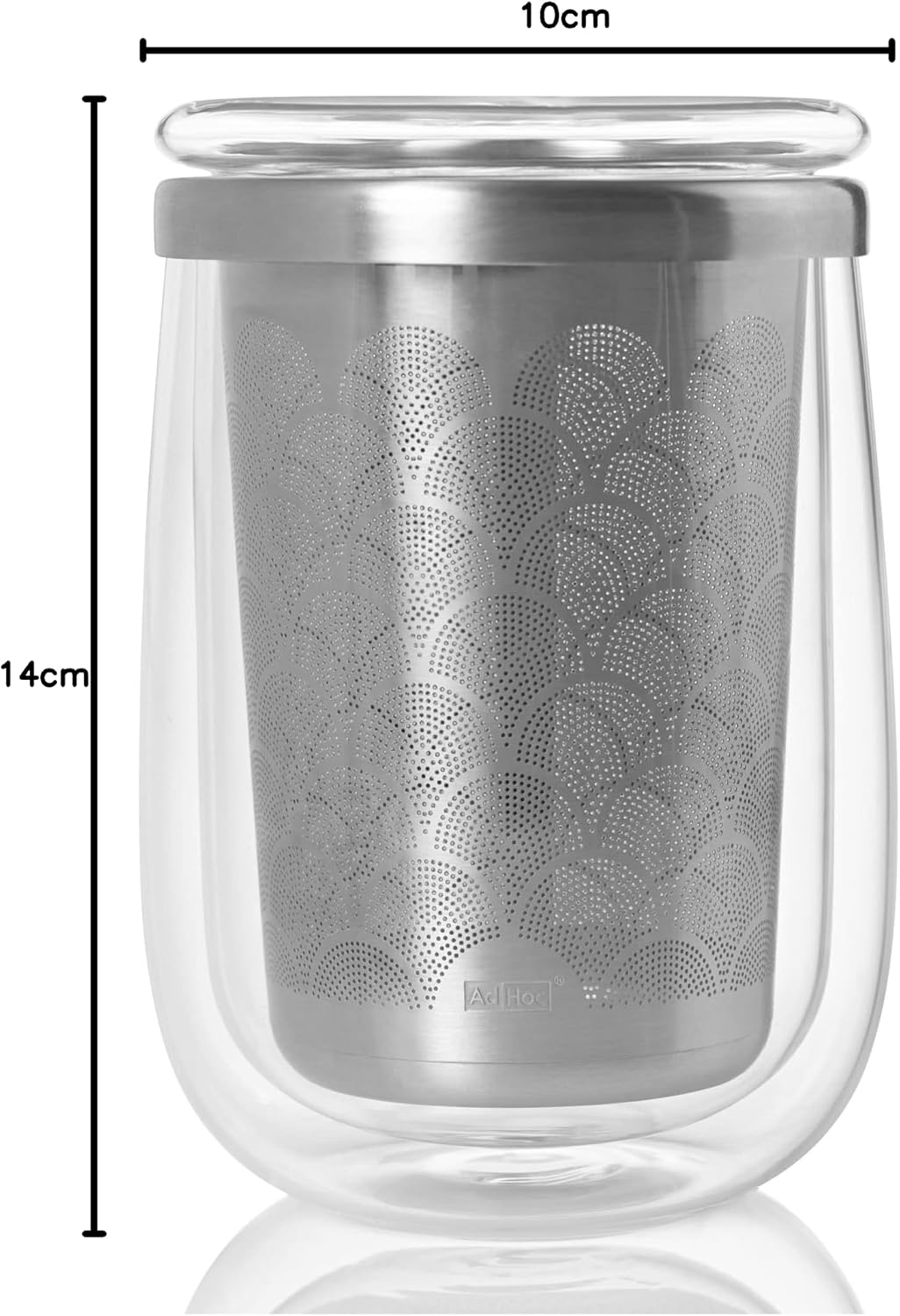 AdHoc Tea Glass with Infuser - Mug with Stainless Steel, Fine Filter - Double-Walled Borosilicate Glass Teacup - Perfect for Brewing Loose Leaf - Includes Drip Stand Lid