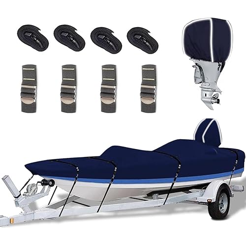 900D Bass Boat Cover - Trailerable Bass Tracker Boat Cover, Waterproof Bass Tracker Cover with Motor Cover Fits Bass Boat, V-Hull Tri-Hull Boat, 16-18.5' Long (Beam Width up to 98"), Navy