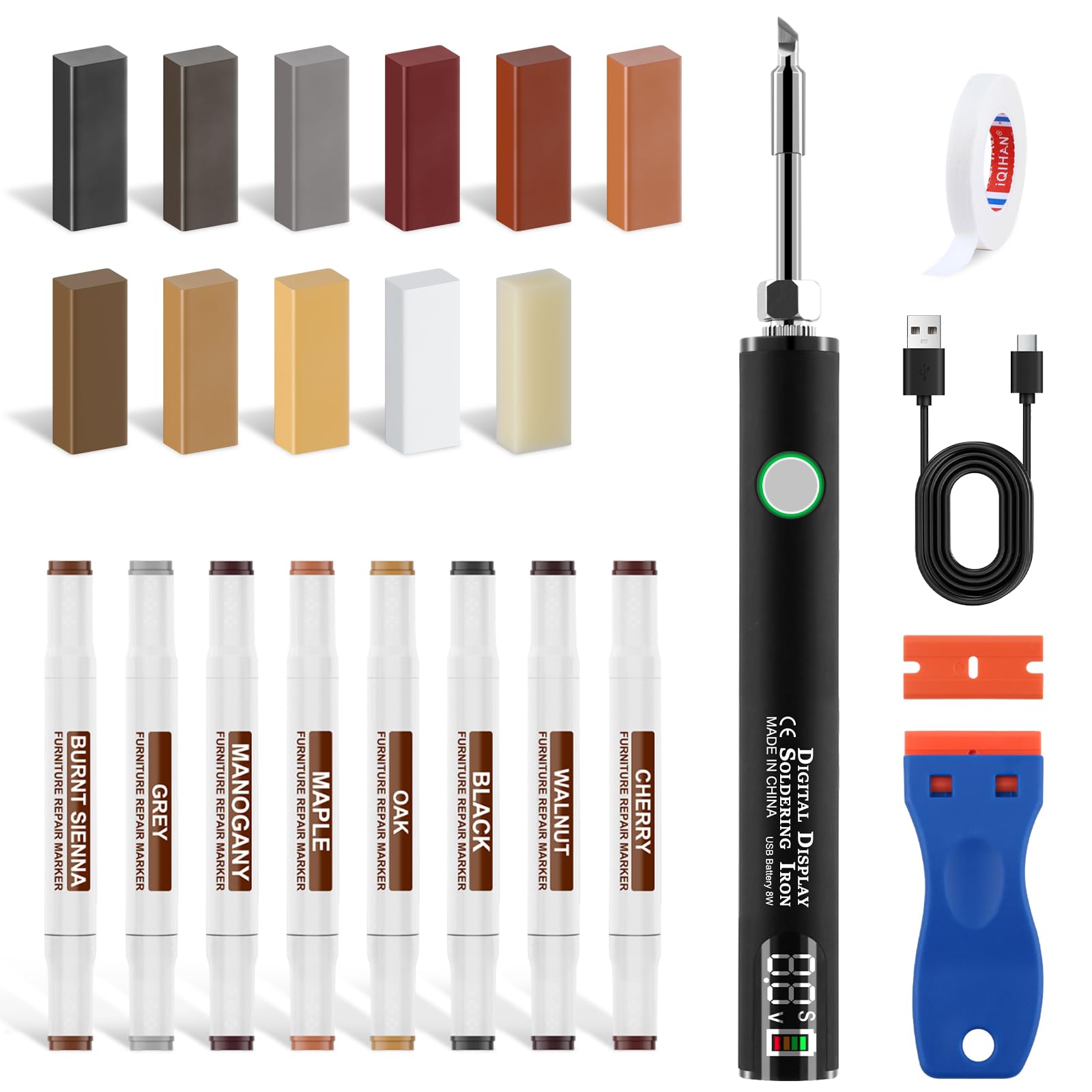 Laminat Reparaturset, Holz Vinyl Parkett Reparaturset Upgrade-Schmelzwerkzeug11 Farben Hartwachs 8 Doppelspitzen-Marker für Möbel Arbeitsplatten Repariert Kratzer,Löcher,Risse,Dellen in Möbeln,Böden