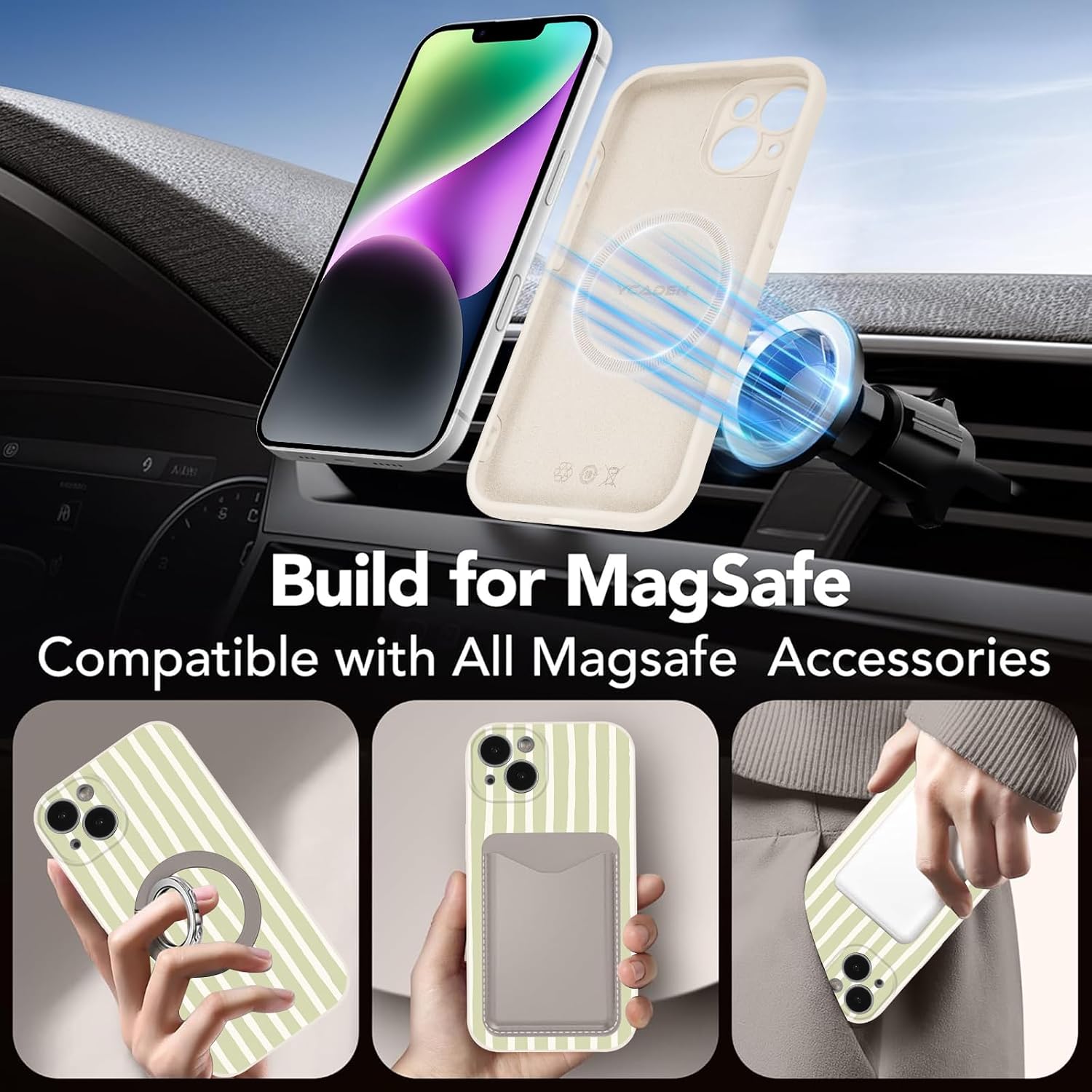 Magnetic Phone Case for iPhone 14 Case 6.1", Pattern Green Striped Fashion Aesthetic Cover for Girl Women, Compatible with MagSafe, Soft Silicone Protective Stripe Design Funda for iPhone14 image 2