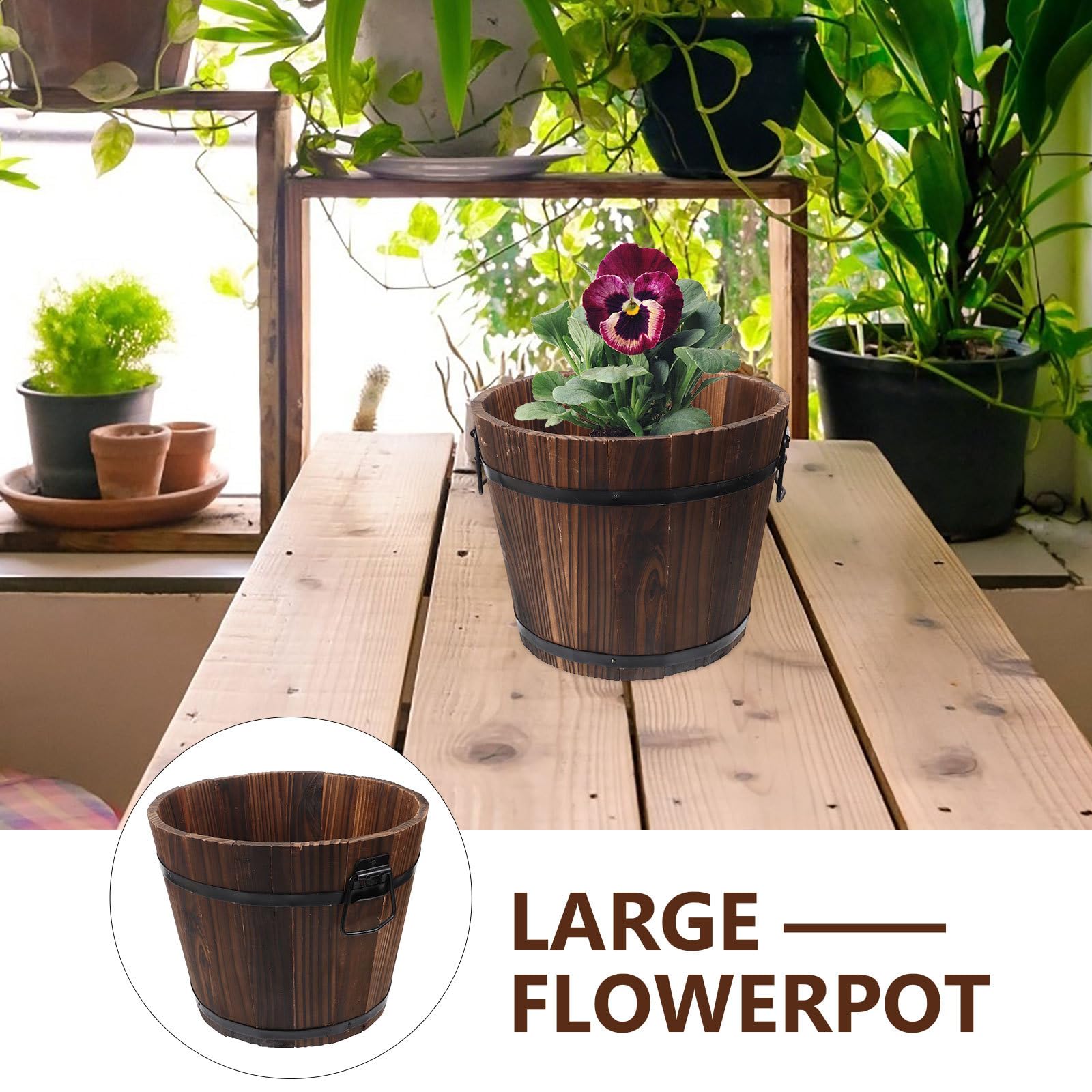 Abaodam Large Wooden Bucket Planter Pot with Drainage Hole, Rustic
