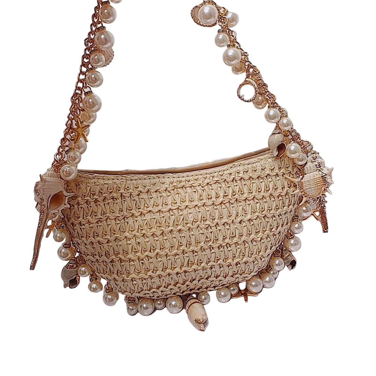 Women Pearl Conch Handbag With Chain Elegant Shoulder Bag Handwoven Holiday Beach Commute Party