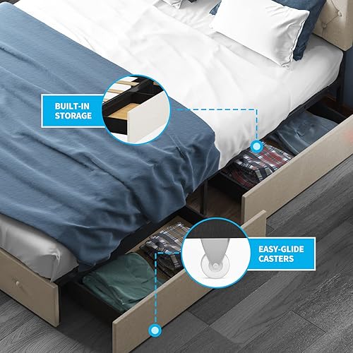 Miniatura 3 de Mjkone Base de cama de plataforma con 4 cajones de almacenamiento, marco de cama de tamaño matrimonial con cabecera ajustable, diseño copetudo,