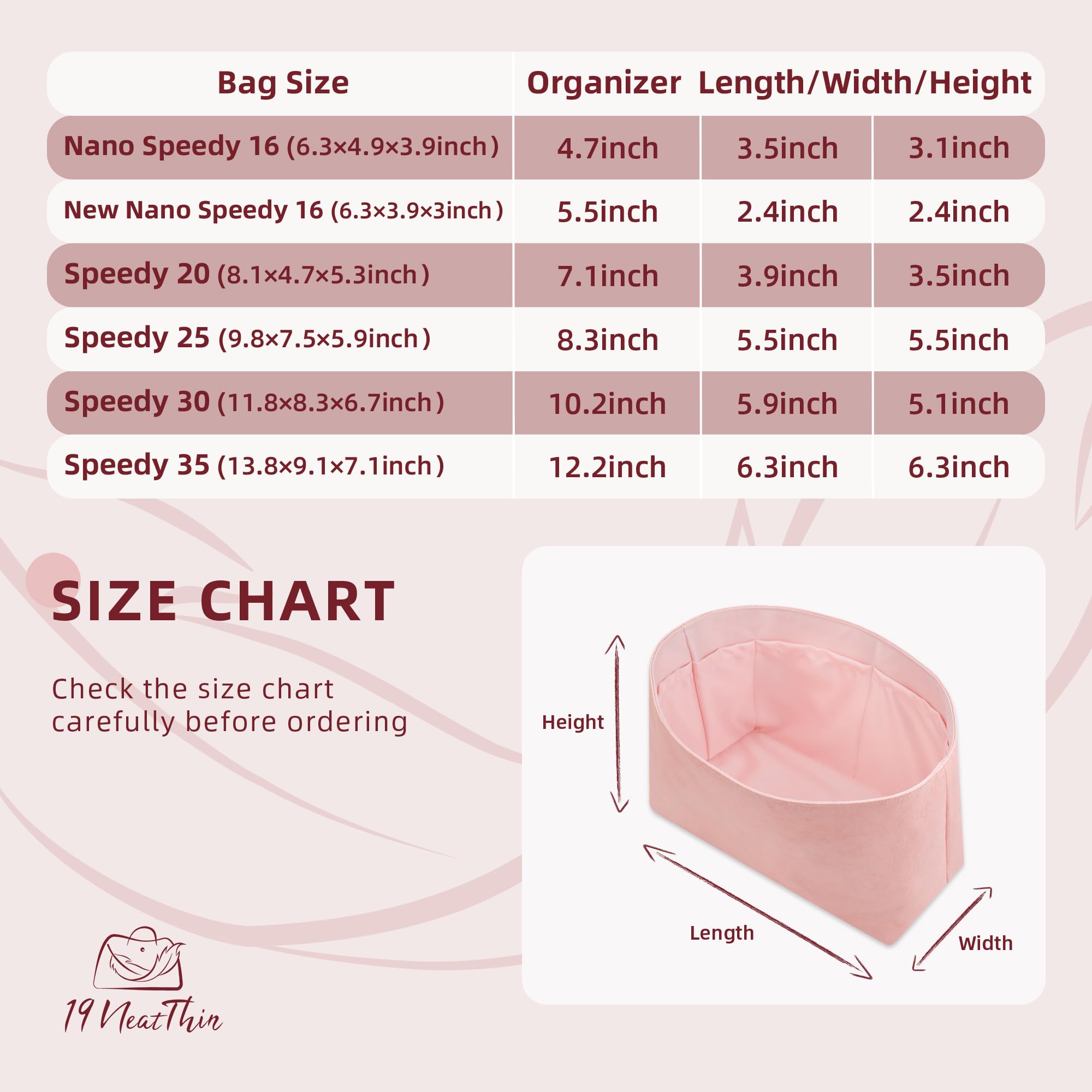 19Neat Thin Speedy - 25 organizer per borsa, leggero, compatibile con LV Speedy 25, superficie in carta Dupontpaper impermeabile e fodera in raso setoso (Speedy 25, rosa)