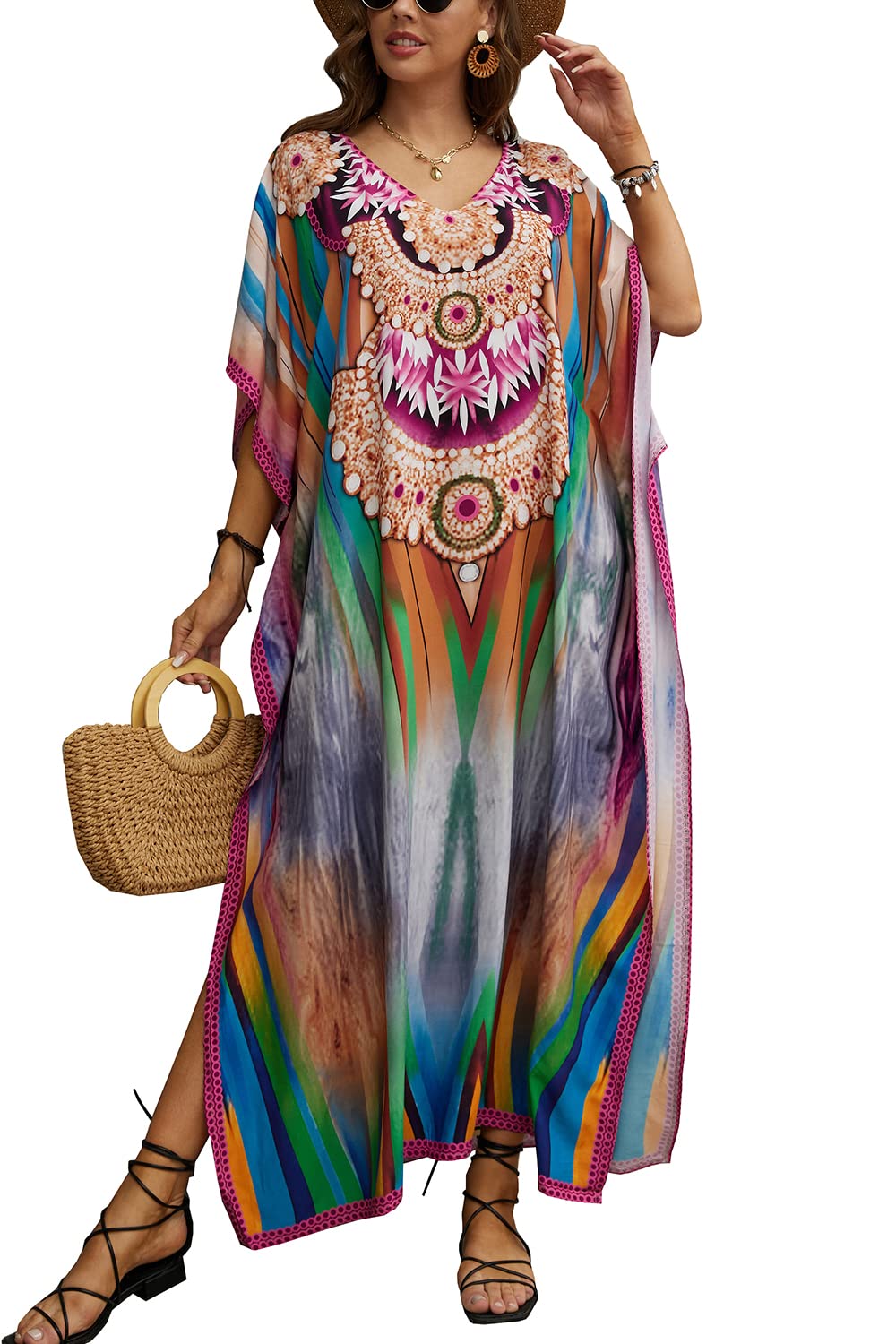 L-Peach Vestido Largo de Playa Pareo Kimono Maxi Kaftan Bikini Cover Up de Mujer