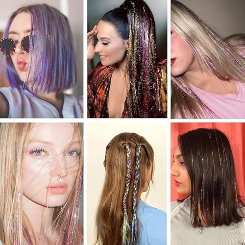 Miniatura 5 de Juego de 6 piezas de oropel con clip de 20 pulgadas, resistente al calor, extensiones de oropel con clip rosa con clip, accesorios de cabello