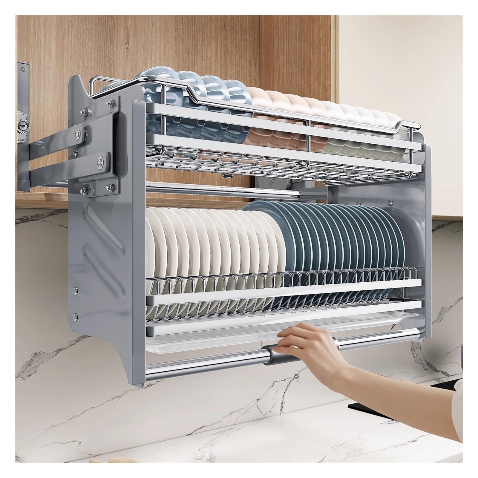 Organizador de estante extraíble de acero inoxidable para armario de cocina de 2 niveles