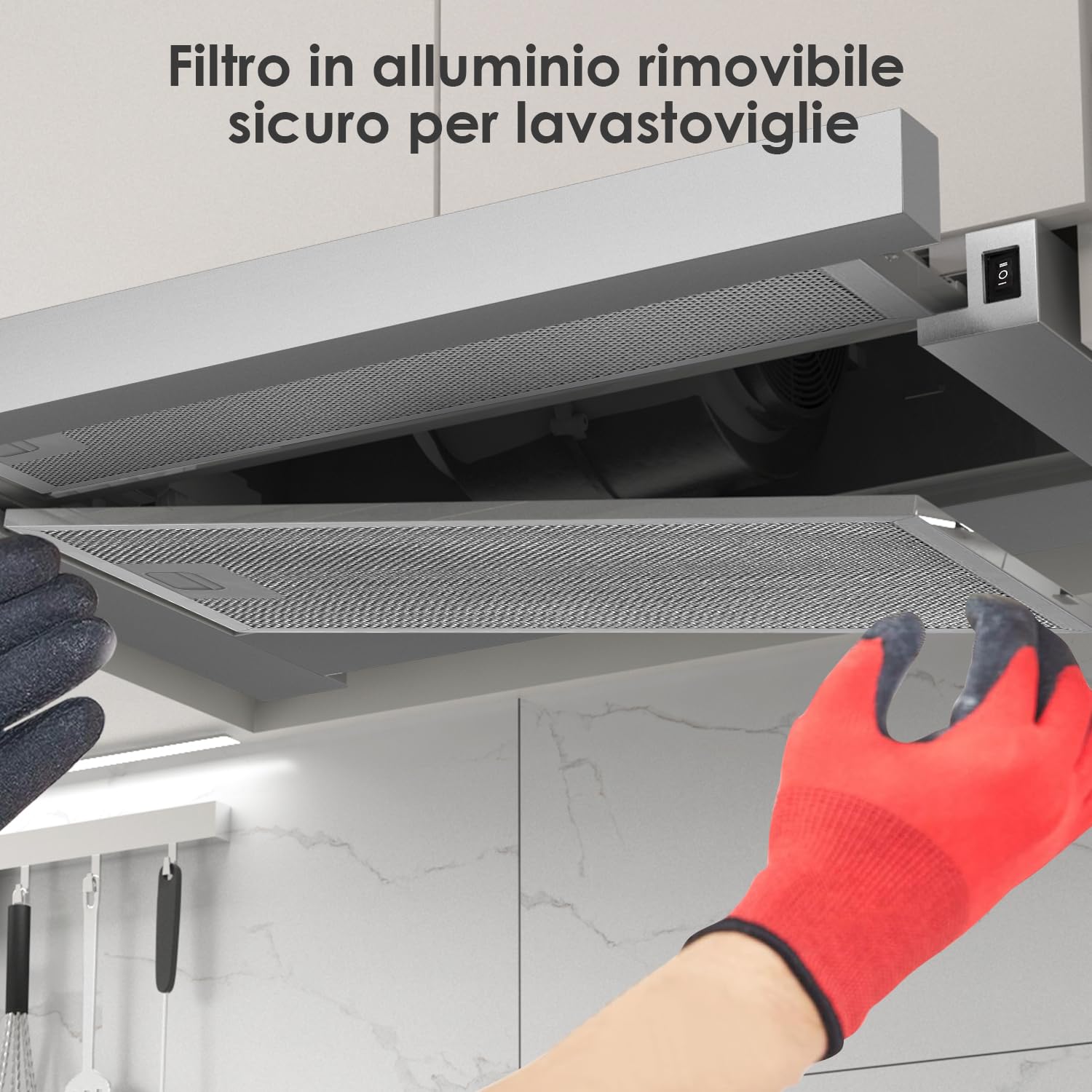 Cappa per schermo piatto, 60 cm, con filtro ai carboni attivi, flusso d'aria 370 m³/h, illuminazione a LED, cappa aspirante piatta 62 dB