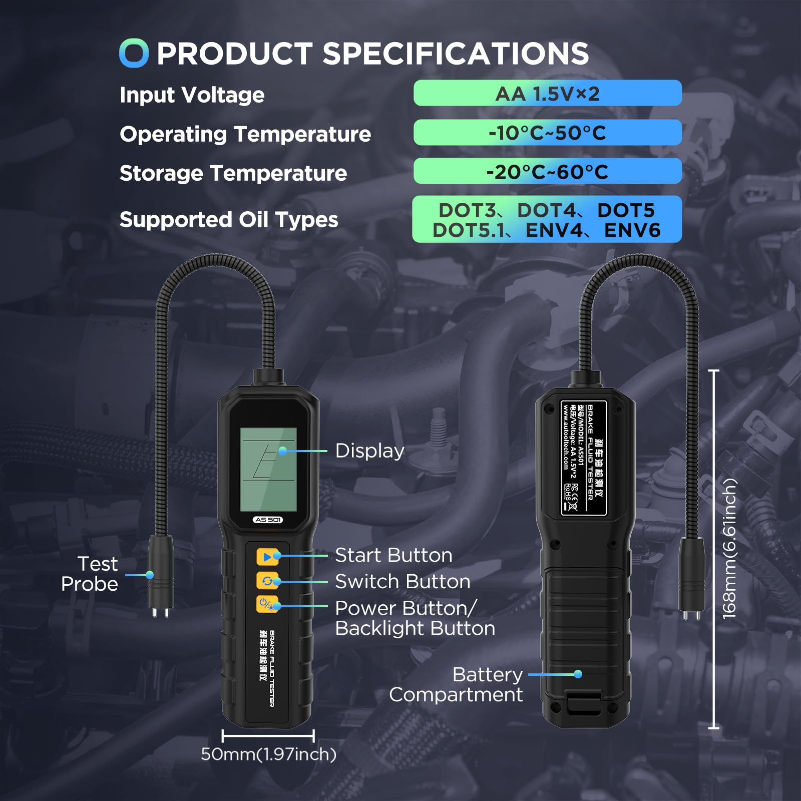 AS501Tester Universale per Liquido dei Freni, per Auto, Test per DOT3, DOT4, DOT5, DOT5.1, ENV-4, ENV-6 con Display retroilluminato ad Alta Definizione