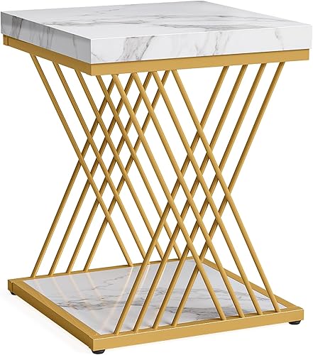 Miniatura 9 de Tribesigns Mesa auxiliar cuadrada de oro blanco, mesa auxiliar de 2 niveles, moderna y pequeña, con almacenamiento para sofá, sillas con marco de