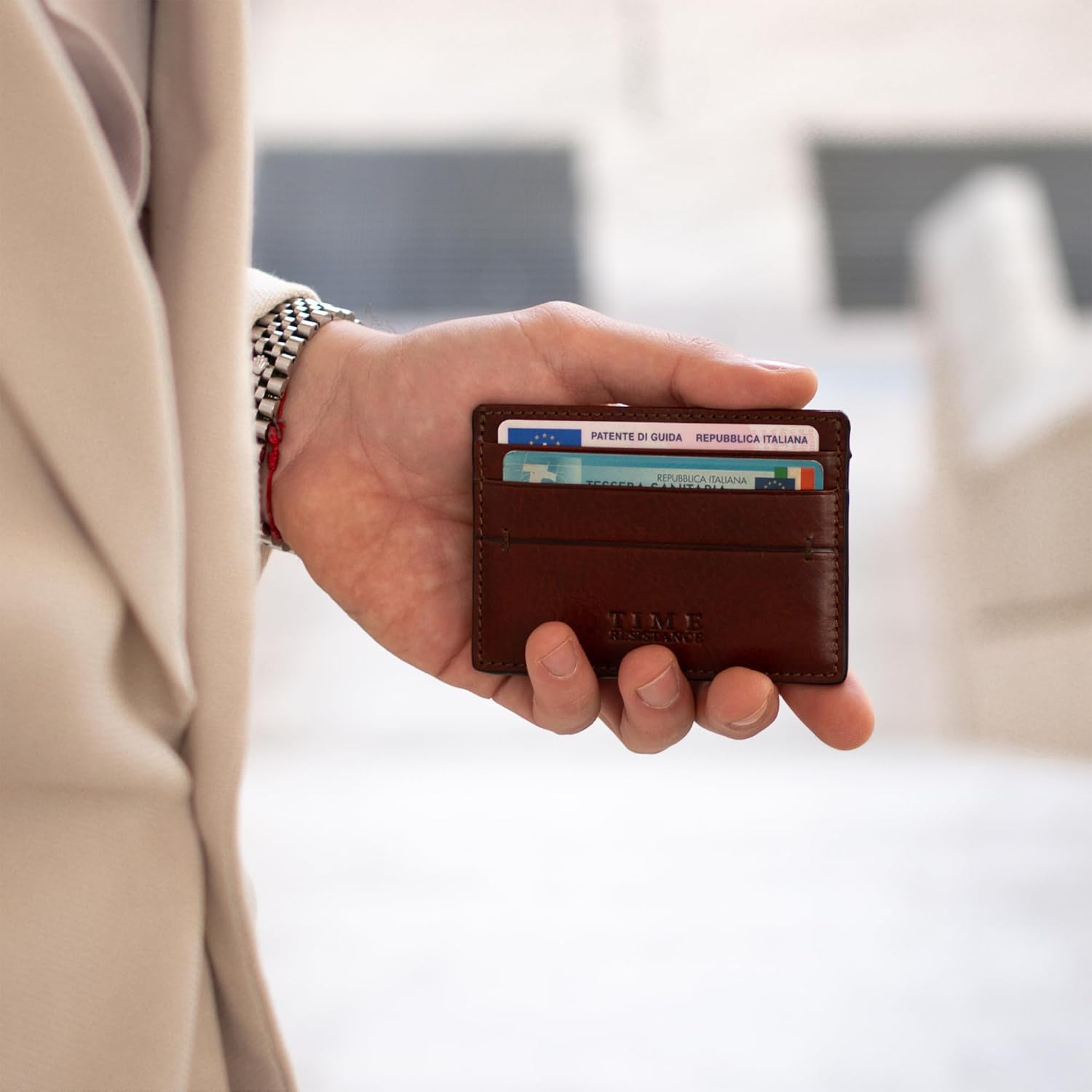 Time Resistance Credit Card Case - Leather Business Card Holder - Italian Handmade Card Organizer