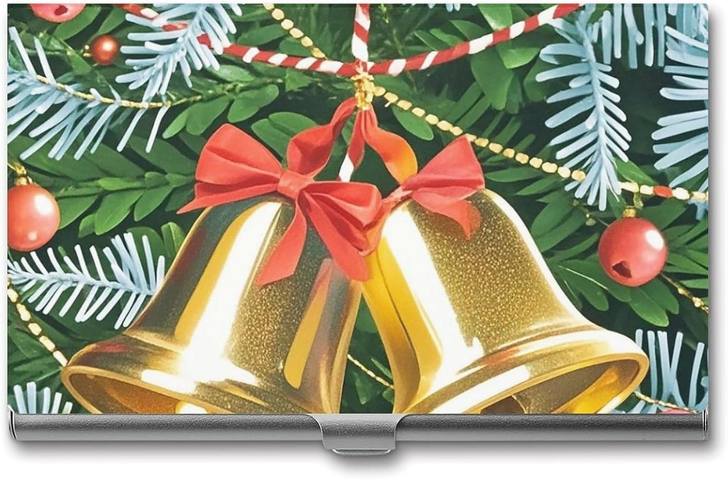 Christmas Tree Bells Business Card Case Metal Slim Business Card Holder Professional Name Card Holder Pocket Metal Case Business Card Wallet Pocket Wallet Name Card Case for Women Men