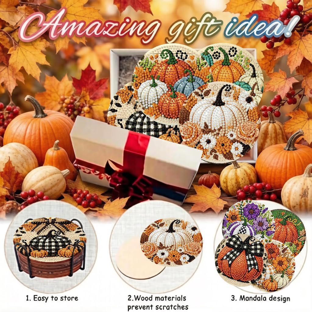 LWZAYS 8 PCS Fall Pumpkin Diamond Art Coaster Kits with Holder - Autumn Diamond Painting for Adults Beginners - 5D Gem Art Dots Paintings with Cork Pads - Crafts Supplies