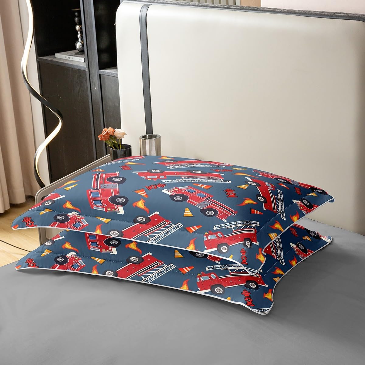 Castle Fairy Fire Truck Bedding Set Full Size Rescue Vehicles 100% Cotton Duvet Cover Cartoon Firefighter Bed Set Room Decor Fire Engine Comforter Cover with 2 Pillowcases Soft(Not Comforter)