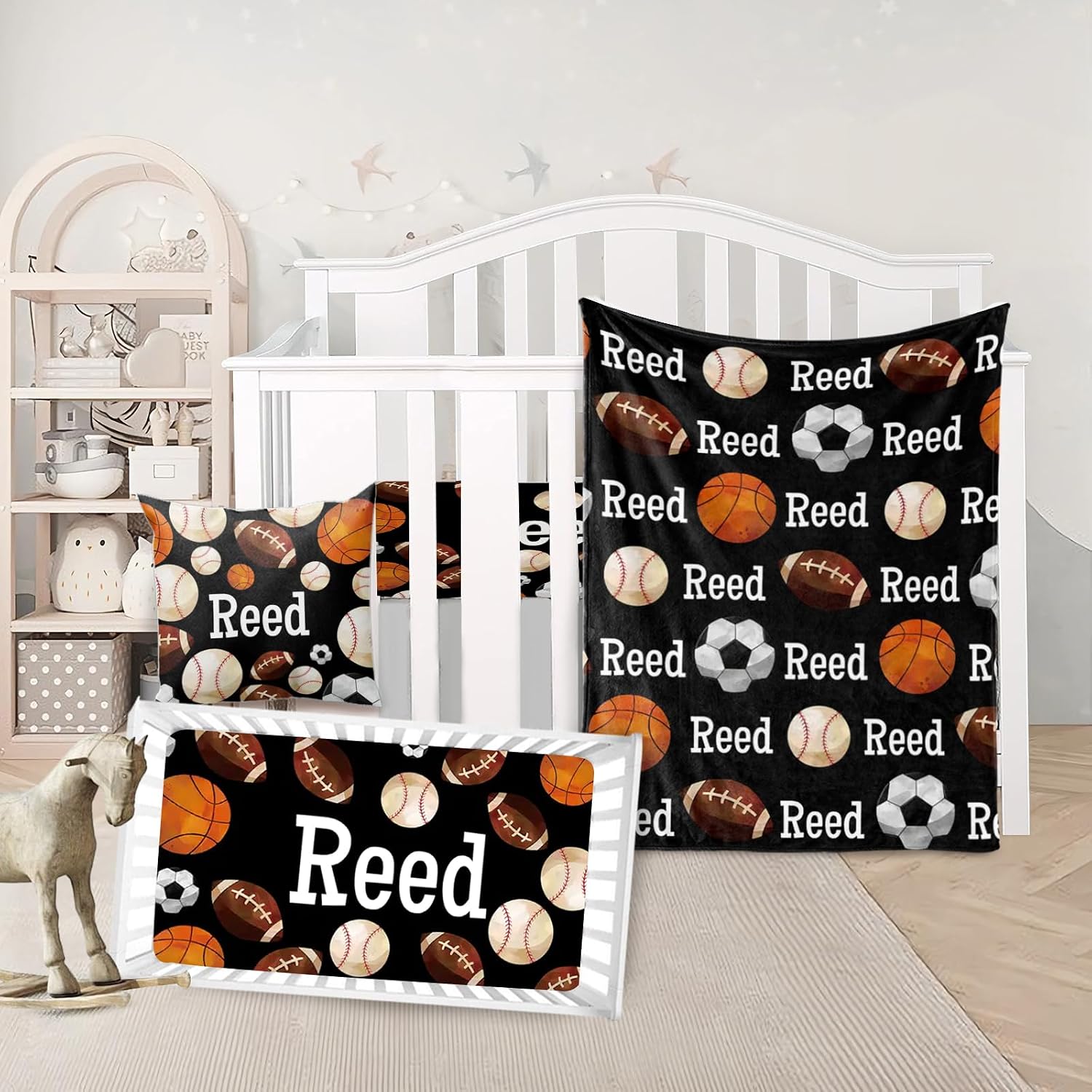 Personalized Crib Bedding Set for Boys, Custom Name Football Theme Nursery Bedding 3 Piece Set - Soft Flannel Blanket, Warm Crib Sheet, Pillowcase for Girls Baby Newborns Customized Gift Black