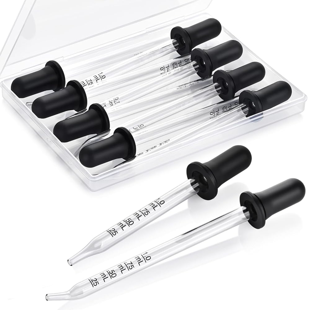 Herain 8 Pack Glass Pipette Eye Dropper, 4 Long Bent & 4 Short Straight Tips, 1 ml Ear Droppers for Essential Oils, Lab, Crafts, Measuring and Transferring a Variety of Liquids