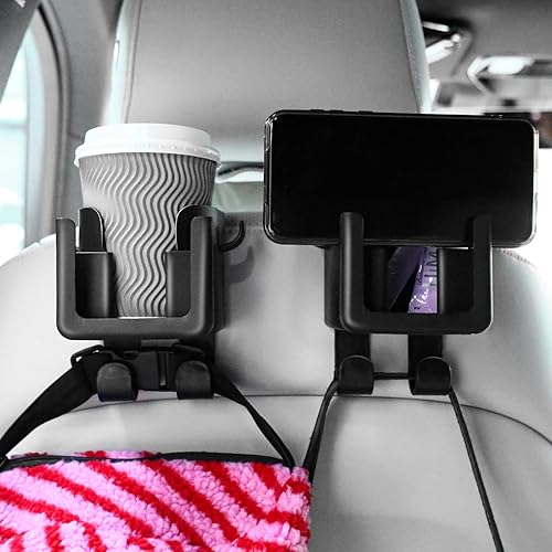 Tallew 2 portavasos para reposacabezas para asiento trasero con gancho multifuncional de gran capacidad para automóvil con portavasos universal 4 en
