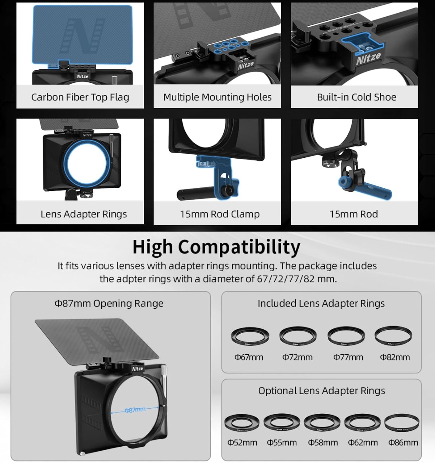 Generic Matte Box Kit for Mirrorless and DSLR with Cameras,15mm Rod Clamp, 15mm Rod with 1/4"" Screw, and 4 Lens Adapter Rings (Φ67/72/77/82mm) Nitze Mini Matte Box