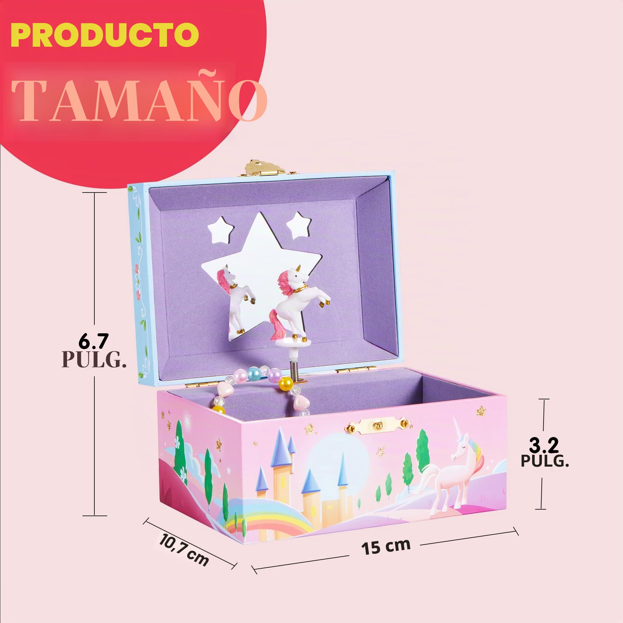JOYIN Joyero musical de unicornio para niñas con espejo en forma de estrella, pulsera y calcomanías temáticas de unicornio giratorio y unicornio, regalo de cumpleaños