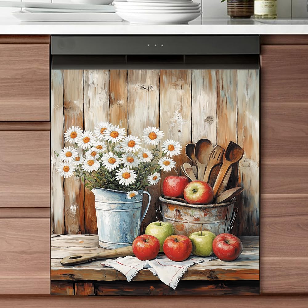 Pastoral Style Daisy Dishwasher Magnet Cover, Magnetic Dishwasher Door Cover Vase Flower Apples Vintage Wood Fridge Magnets Panel Decals Home