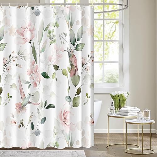 Vista 60 de Tititex Cortina de ducha de lino sintético de 4.94 oz/m², diseño floral azul con hojas doradas con flores, decoración de baño, juego de cortinas