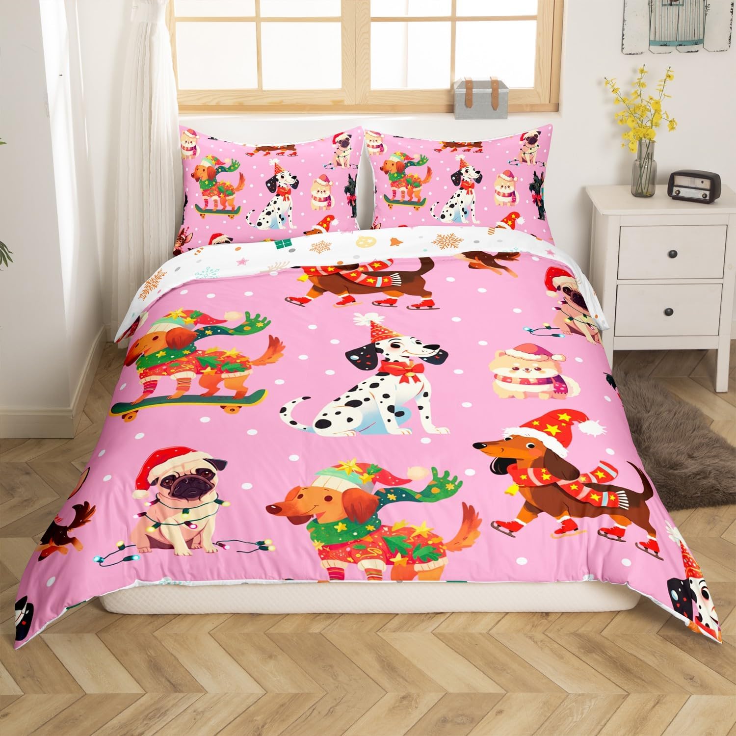 Feelyou Xmas Dog Duvet Cover Set Cute Dog Christmas Style Bedding Set 3D Animal Comforter Cover for Boys Girls Children Teens Bedroom Decor Pink Quilt Cover 3Pcs King Size