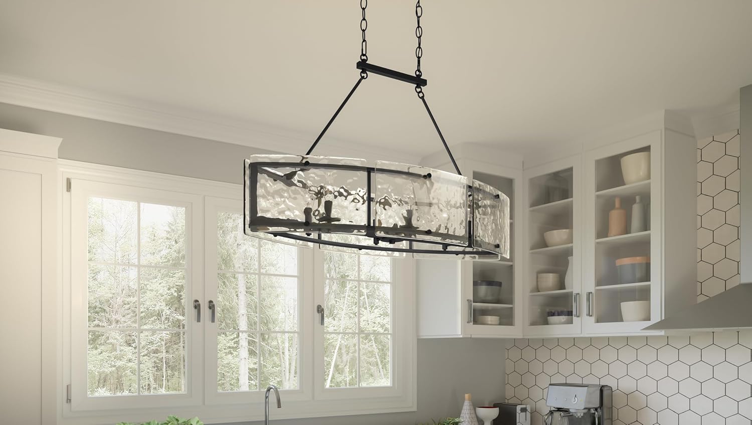 Quoizel Fortress Linear Chandelier, 39 Inch 6-Light, Earth Black Island Pendant Light, 60W, Max Adjustable Height 77", Textured Glass Light for Kitchen Island, Dining, Hallway or Bedroom