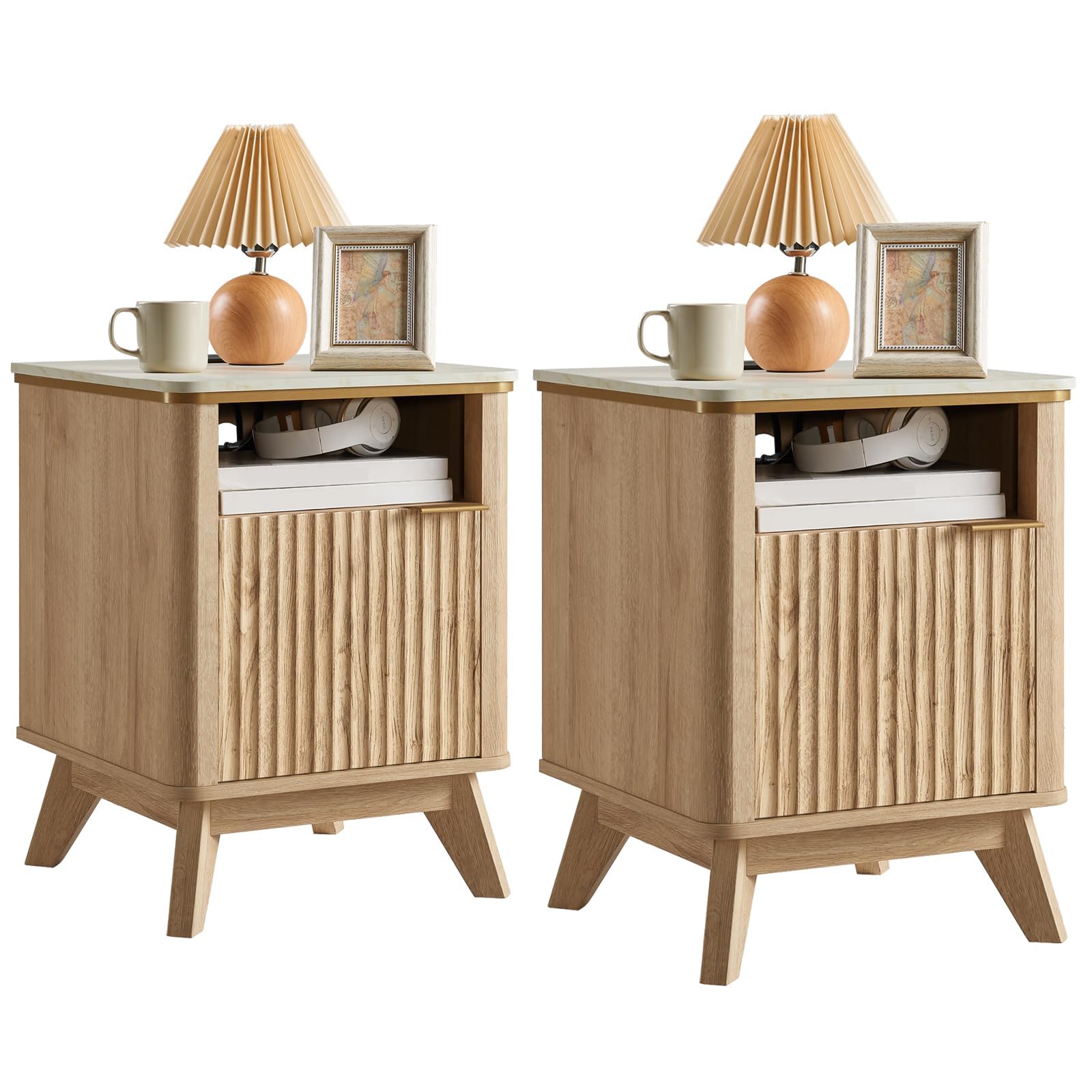 QUW Fluted Nightstands Set of 2 with Charging Station, 18" Modern Side Table, Wooden Bedside Table with Faux Marble Top, Open Storage, Cabinet, End
