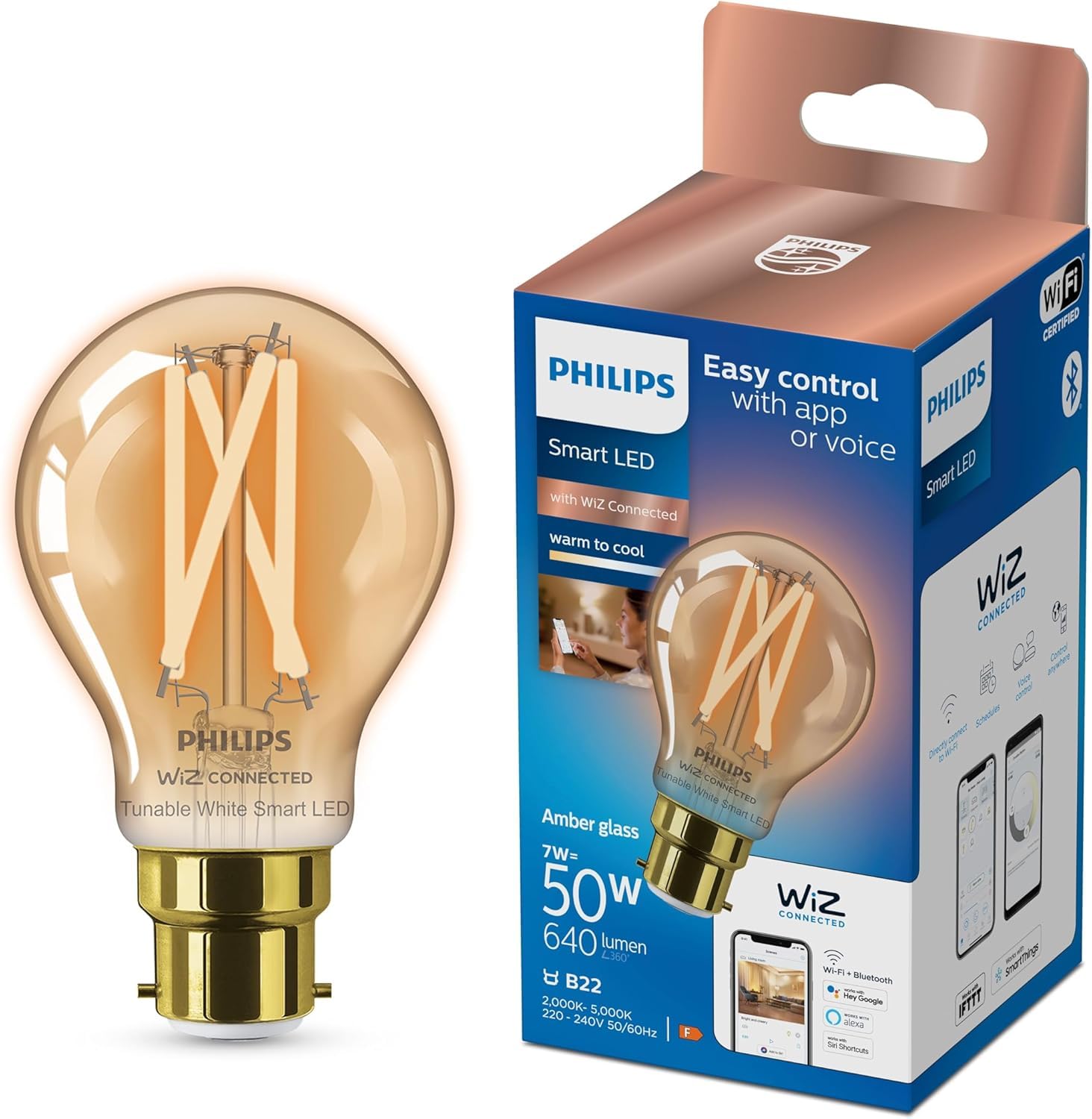 PHILIPS Smart Wiz Connected Vintage LED Light Bulb, B22, Dimmable, 640 Lumens, Tunable, Warm White or Cool White, Alexa and Google Compatible, App and Voice Control