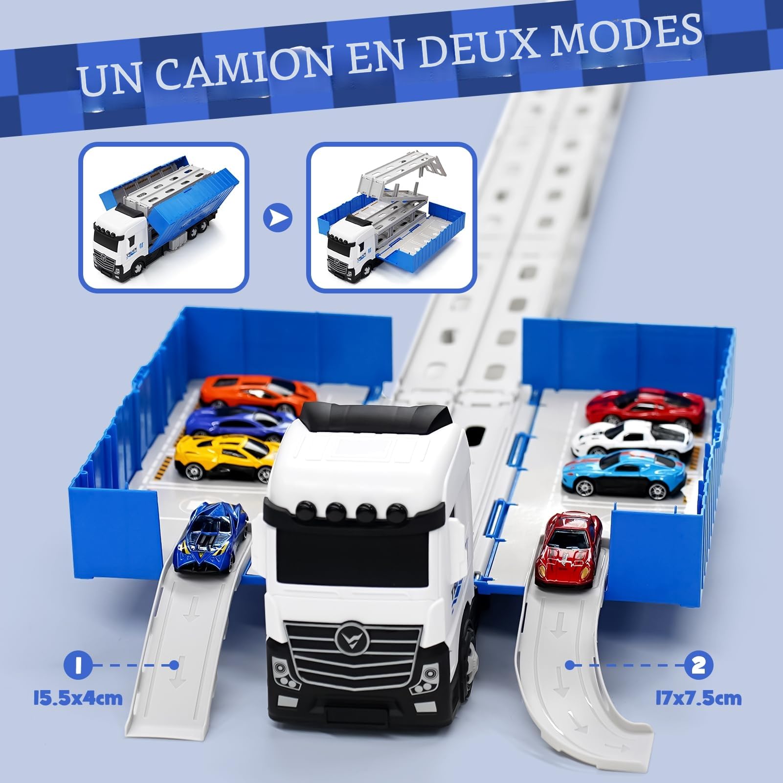Transport Truck - Voiture Jouet pour garçons âgés de 3, 4, 5, 6 Ans - Portable - avec 8 Voitures de Course - Véhicule de Transport - Jouet pour Enfants (Bleu)