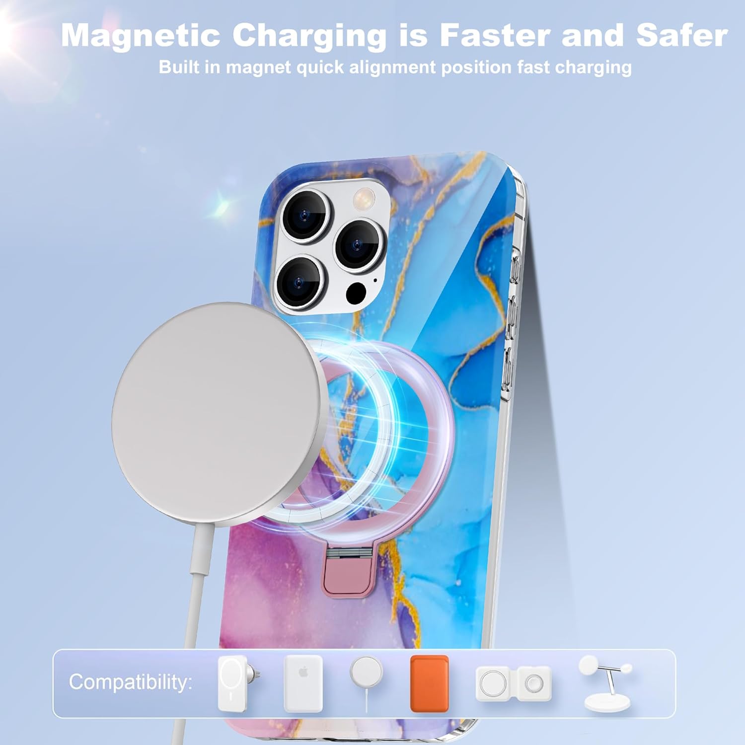 Compatible with iPhone 15 Pro Max Case Marble Pattern with Magnetic Ring Stand [Compatible with Mag-Safe] TPU Protective Phone Case for iPhone 15 Pro Max 6.7", Marble Purple Blue - Image 2