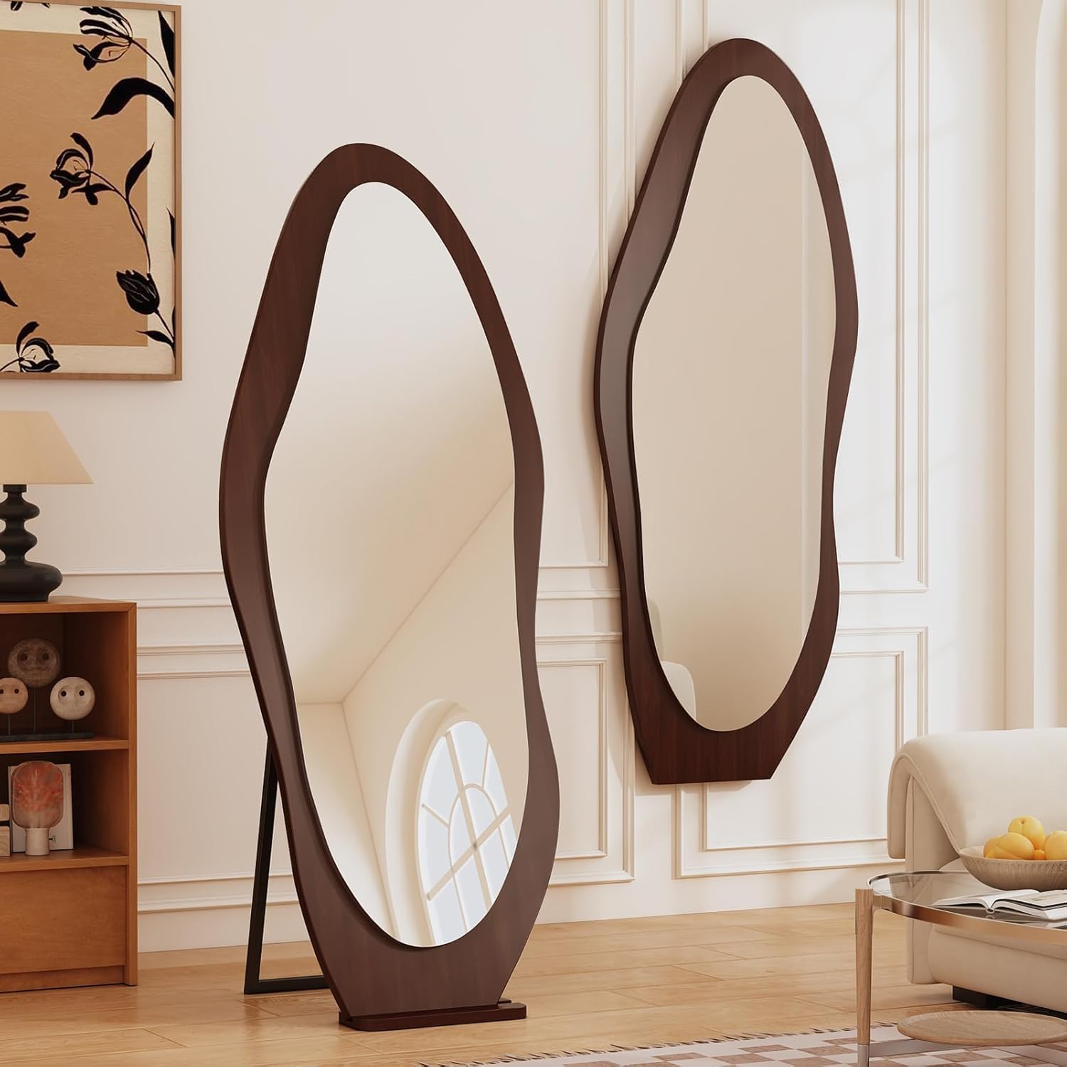 Irregular Mirror Floor 61"x 24" Solid Frame Full Length Mirror Flannel Floor Mirrors Hanging or Leaning Against Wall for Cloakroom, Bedroom, Living Room, Walnu