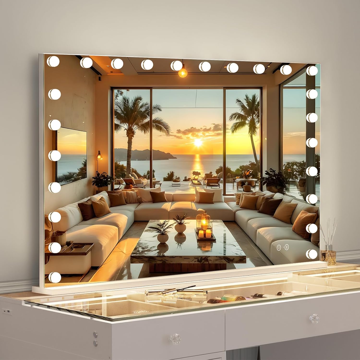 VANITII Vanity Mirror with Lights 22.8" x 31.5" 18 Bulbs 3 Color Modes Large Lighted Hollywood Makeup Mirror with USB Charging Port and 10X Magnification for Bedroom Desktop