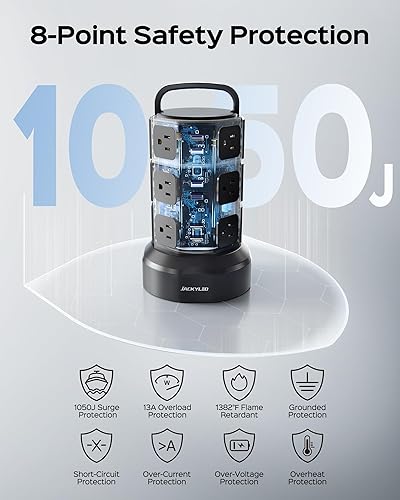 Miniatura 7 de JACKYLED - Protector de sobretensiones de torre de alimentación de 1625 W 13 A torre eléctrica de sobretensión 12 tomas 6 puertos USB estación de