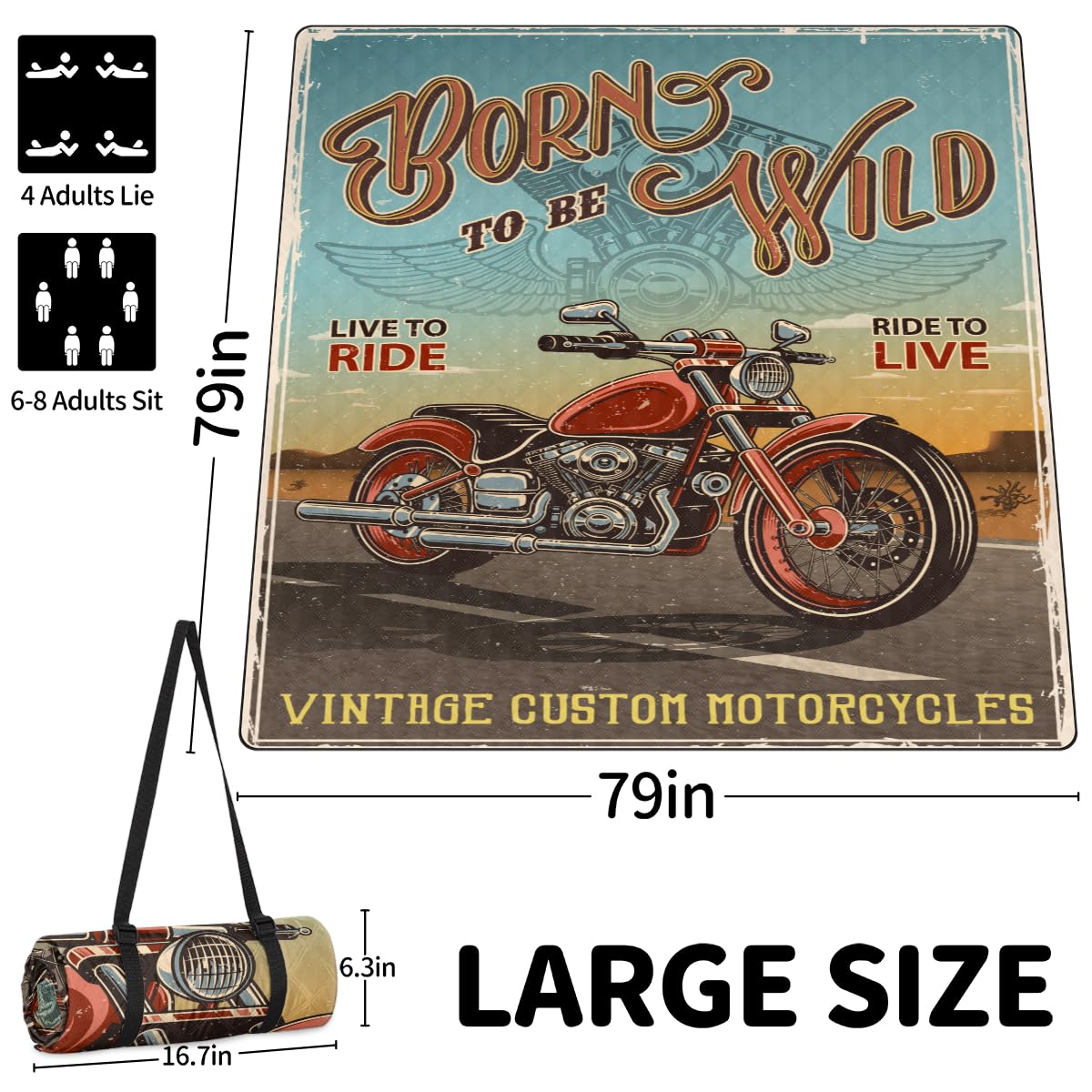 Shimoshe Extra Large Picnic Blankets 79”x 79”, Vintage Motorcycle Waterproof Foldable Picnic Mat with Straps Portable Beach Blanket for Camping Park Grass Beach Indoor