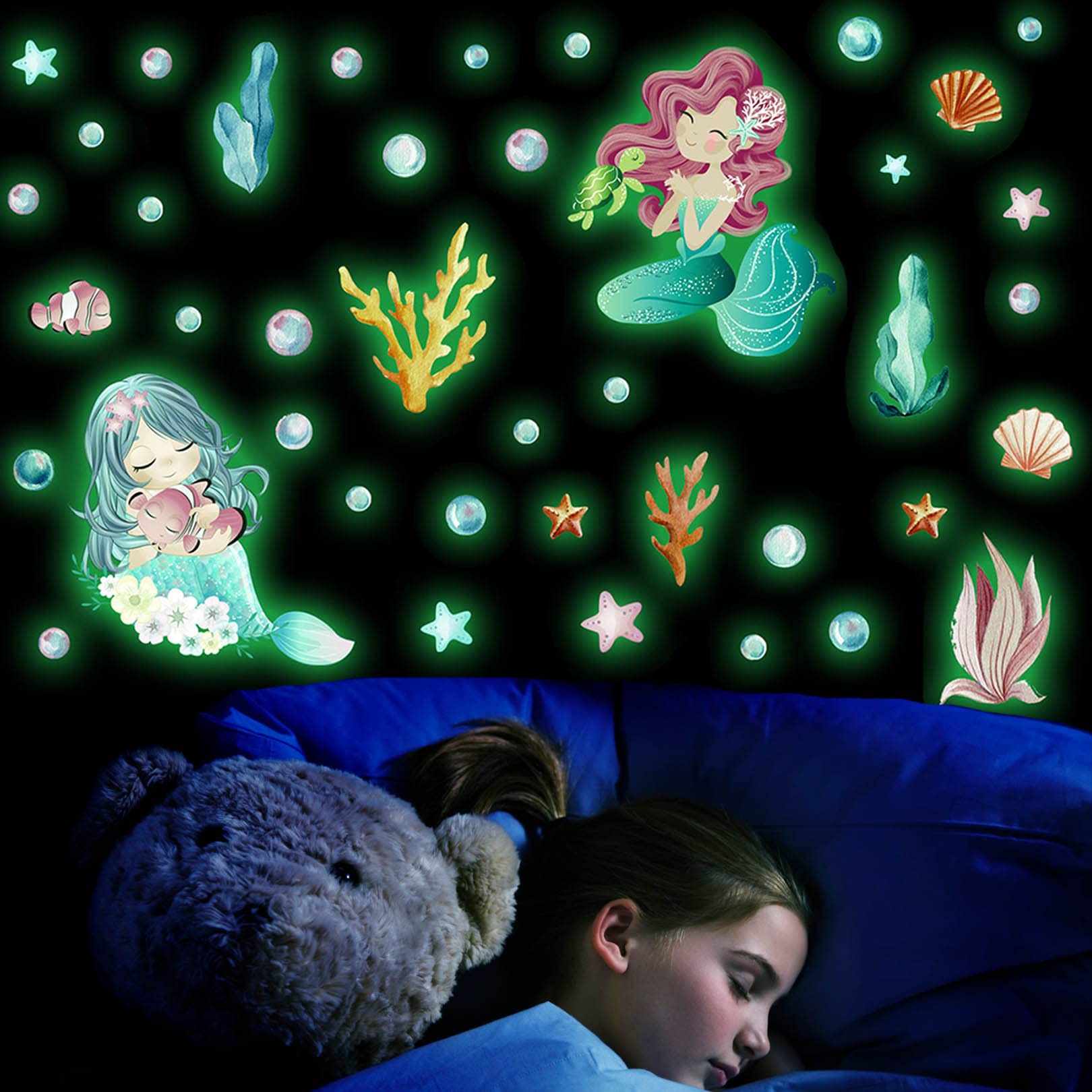 Pegatinas de Pared Sirena Niña Luminosas, Vinilo Decorativo de Luminosas, Wall Sticker Fluorescente, Mundo Submarino Adhesivos de Pared Decoración, para Guardería Bebés Dormitorio Habitación Infantile