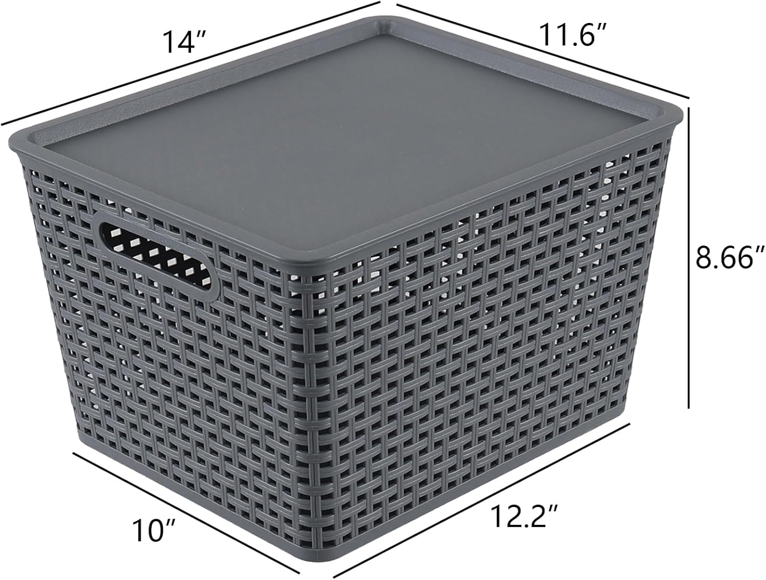 6-Pack Large Plastic Baskets with Lids, Stackable Plastic Woven Basket, 14" x 11.6" x 8.66", Grey