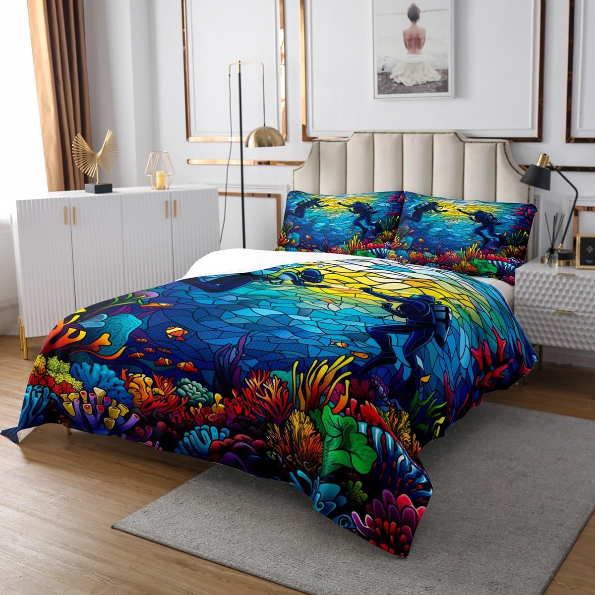 Erosebridal Diving Bedding Set King Size,Sports Theme Quilted for Kids Boys,Fantasy Sport Ocean Adventure Coverlet Set,Watercolor Undersea Coral Stained Glass Quilted Coverlet with 2 Pillow Cases