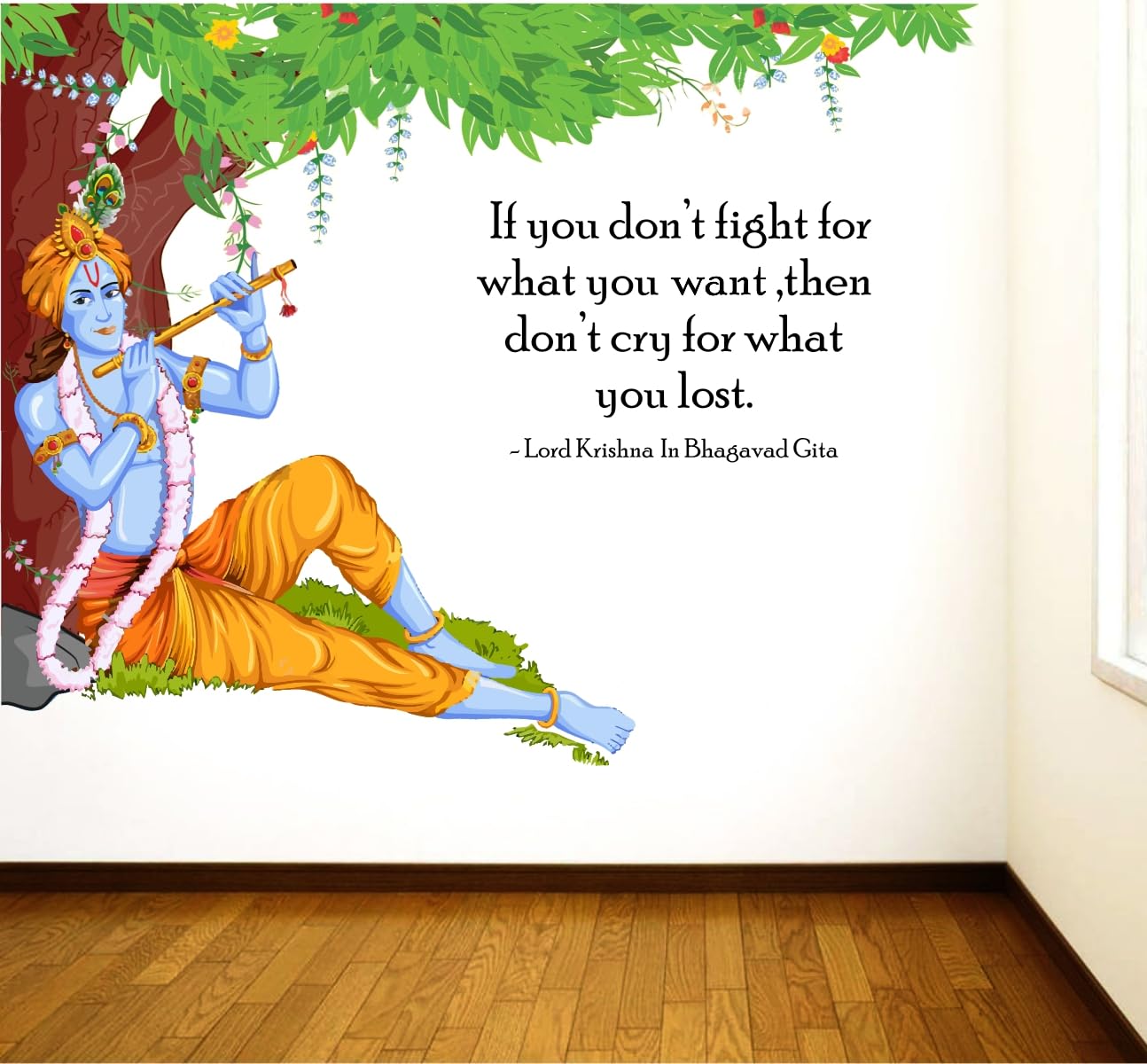 Rawpockets Decals ' Lord Krishna Flute Bhagavad Gita Quote ' Extra Large Size (Wall Coverage Area - Height 90 cms X Width 120 cms)(Pack of 1) Wall Sticker 1