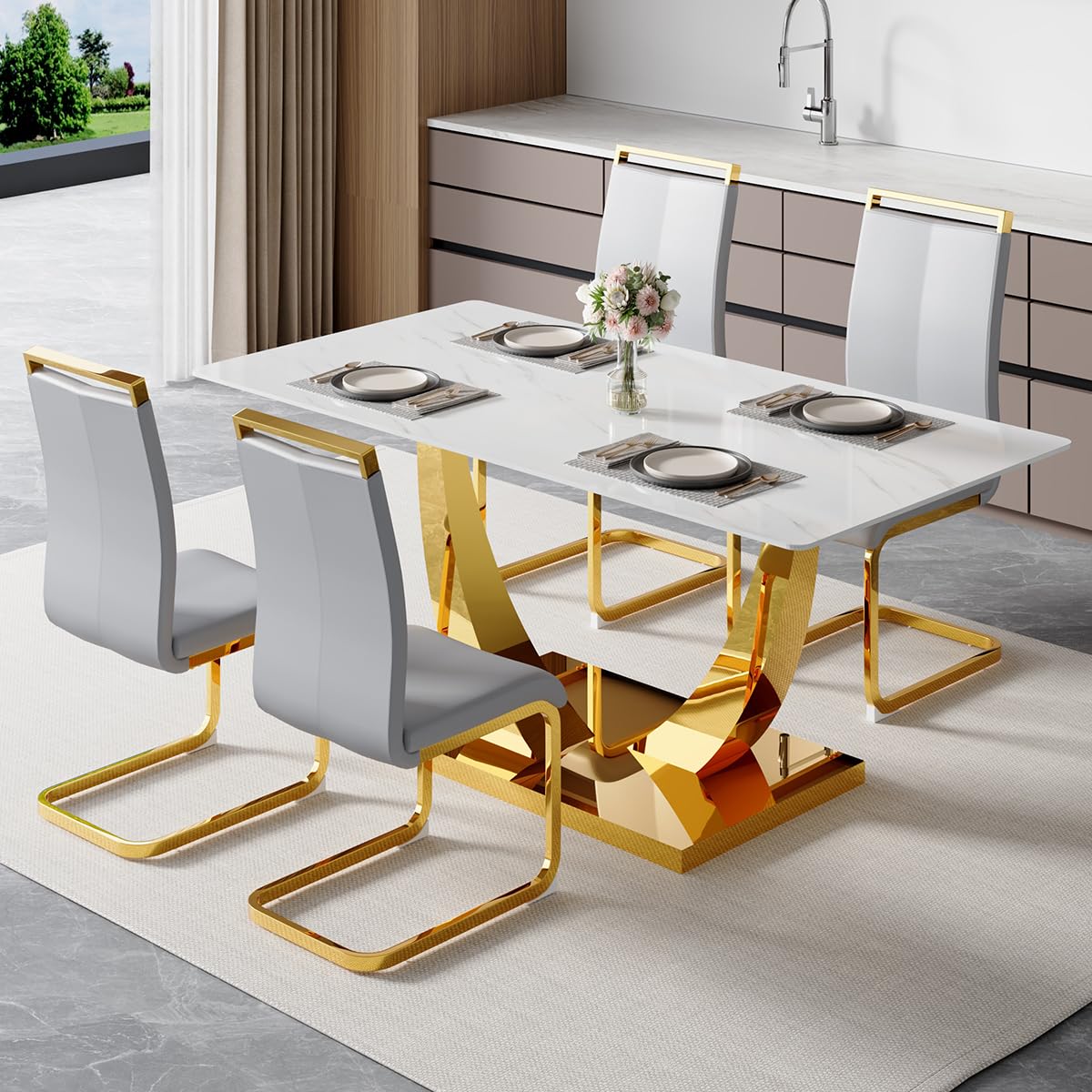 NYEESS 63&rdquo; Modern Gold Dining Table Set