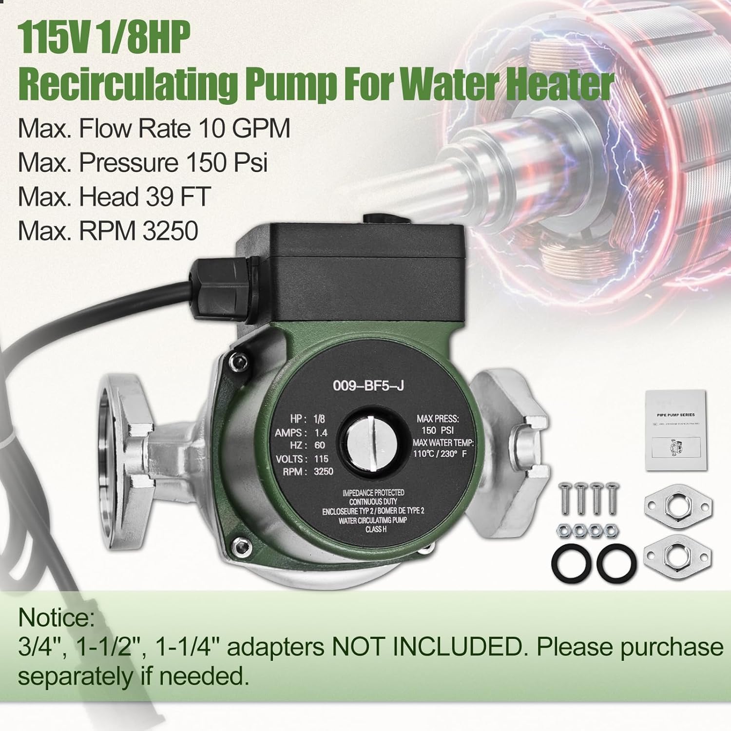 009-BF5-J 1/8HP 115V Stainless Steel Cartridge Circulator Pump Replacement for Taco 009-F5 High Velocity Water Circulating Pump 150PSI 10GPM Single Phase