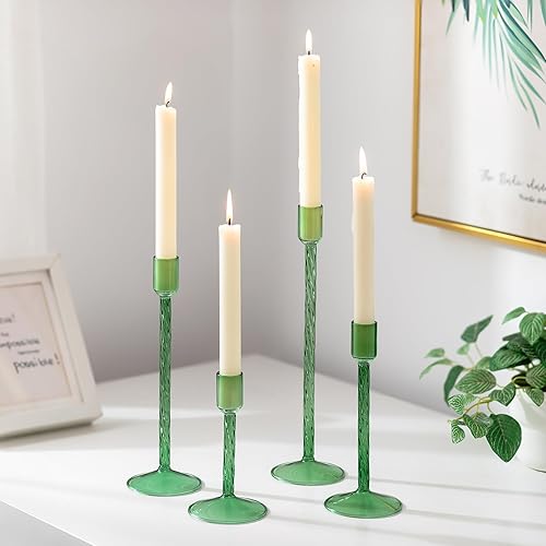 Glasseam Portavelas de cristal verde juego de 4 portavelas alto para velas cónicas modernos portavelas decorativos para centro de mesa, boda,