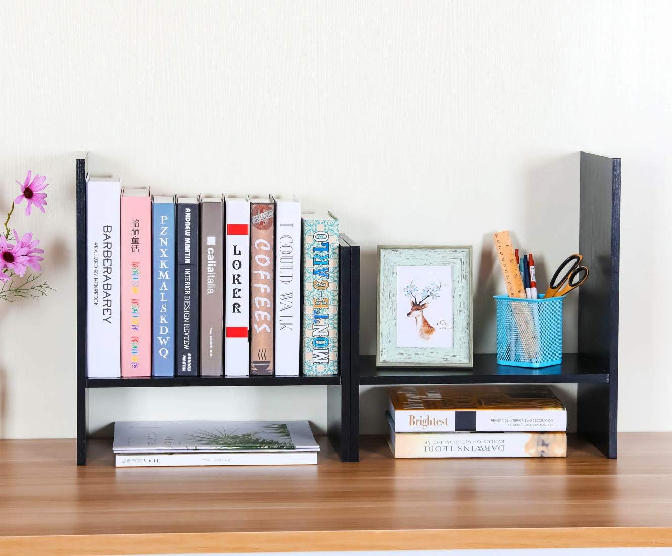 PAG Adjustable Desktop Shelf Wood Small Bookshelf Desk Supplies Organizers and Accessories Storage Display Rack Office Decor, Black