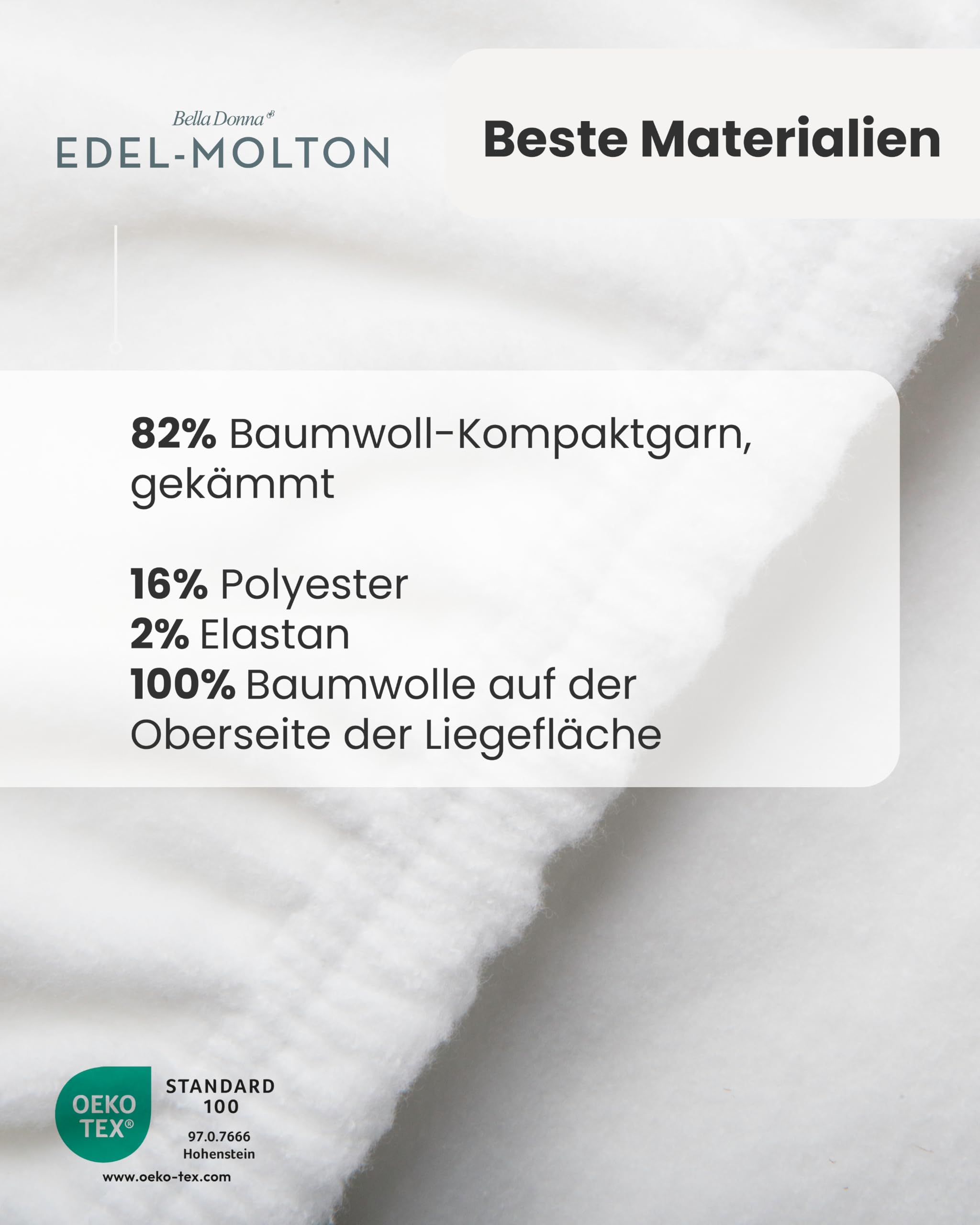 Bella Donna Edel-Molton Matratzenschoner: geeignet bei starkem Schwitzen | FORMESSE 200x220-200x240 cmbis 30cm; 82% Baumwoll-Kompaktgarn, 16% Polyester, 2% Elastan; sehr saugfähig, trockenes Schlafen