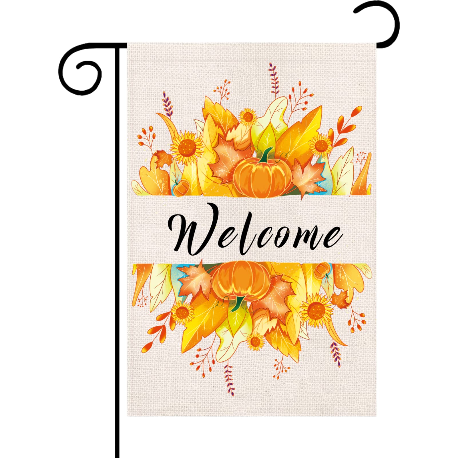 Iutumo Fall Floral Welcome Garden Flag with Maple Leaves, Pumpkin and Flowers, 12x18 Inch Double Sided Small Vertical Banner for Autumn Thanksgiving Yard Outside Party and Farmhouse Decoration
