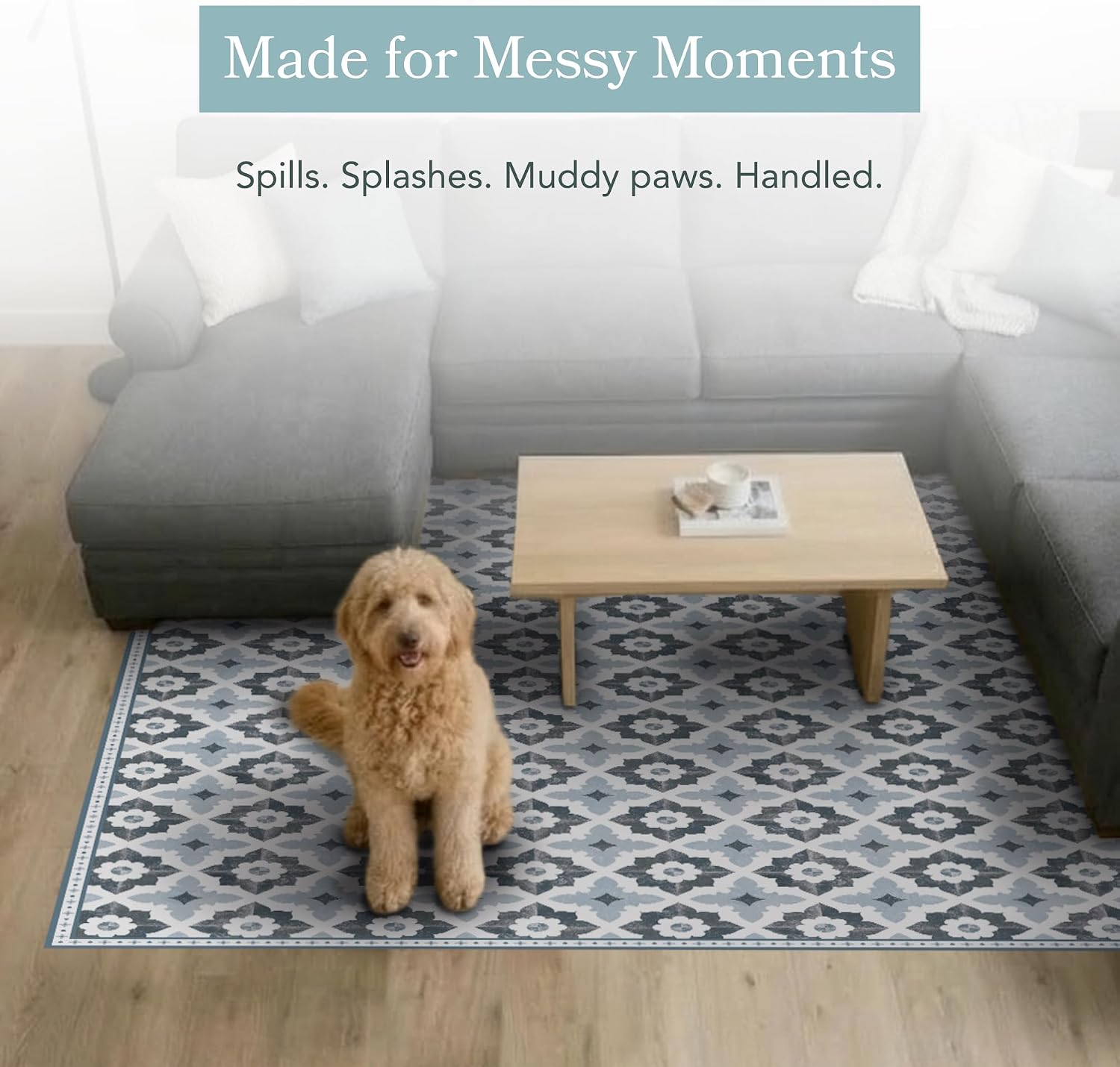Carolina Creekhouse Vinyl Floor Mat 2.5'x8' - Blue Geometric Floral - Waterproof Non-Slip Kitchen Rug - Hard Floor Safe - Eco-Friendly Flat Weave - 2.5'x8'
