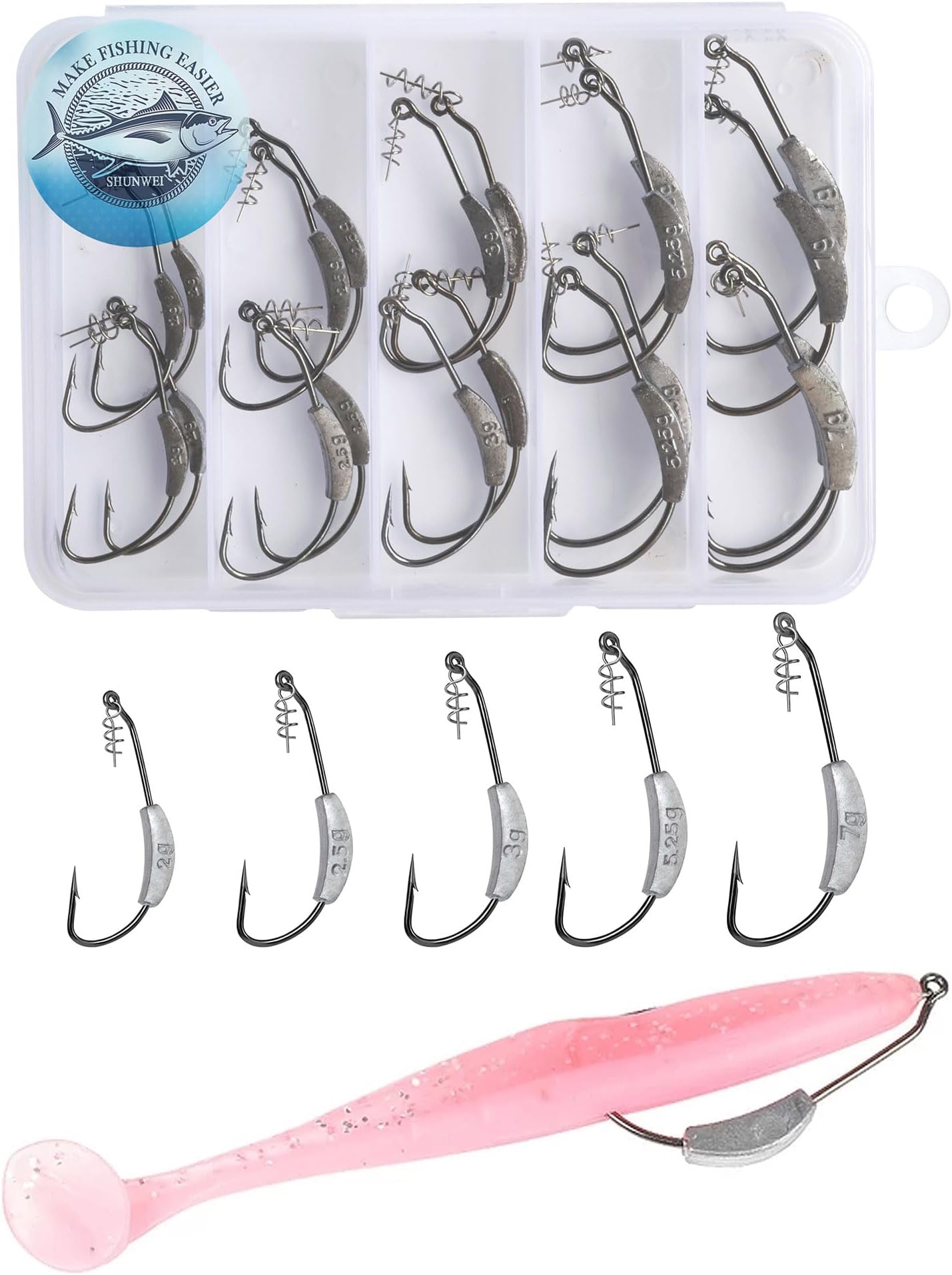 25 Pcs/Box Weighted Swimbait Hooks, Weighted Fishing Hooks Saltwater Worm Weedless Hooks for Bass Fishing Mixed 5 Size 1/0 2/0 3/0 4/0 5/0