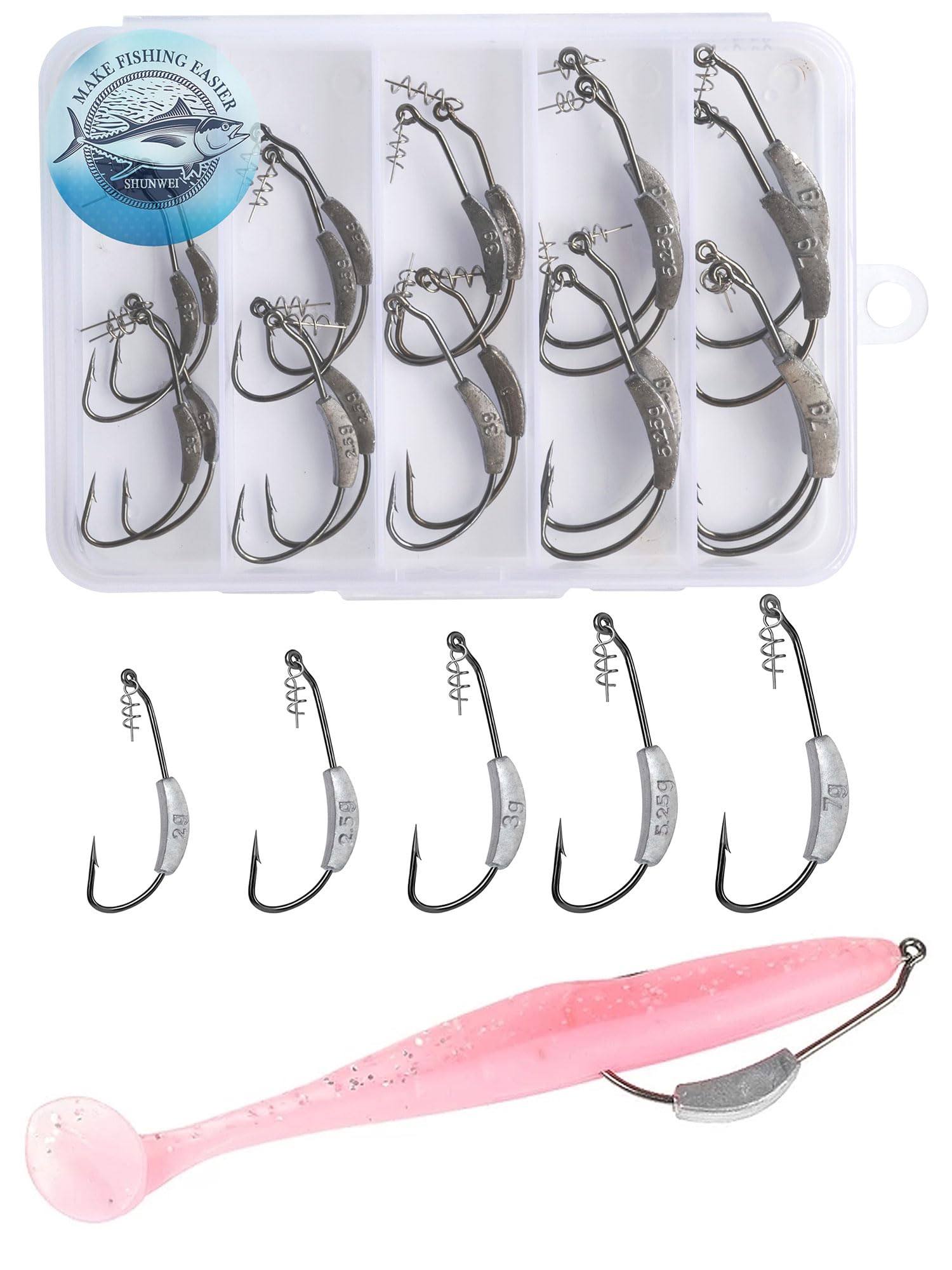 SHUNWEI 25 Pcs/Box Weighted Swimbait Hooks, Weighted Fishing Hooks Saltwater Worm Weedless Hooks for Bass Fishing Mixed 5 Size 1/0 2/0 3/0 4/0 5/0